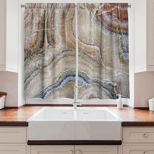 Ambesonne Marble Kitchen Curtains, Surreal Onyx Stone Surface Pattern Pale Blue Details Picture, Window Drapes 2 Panel Set for Kitchen Cafe Decor, 55" x 39", Cinnamon Grey
