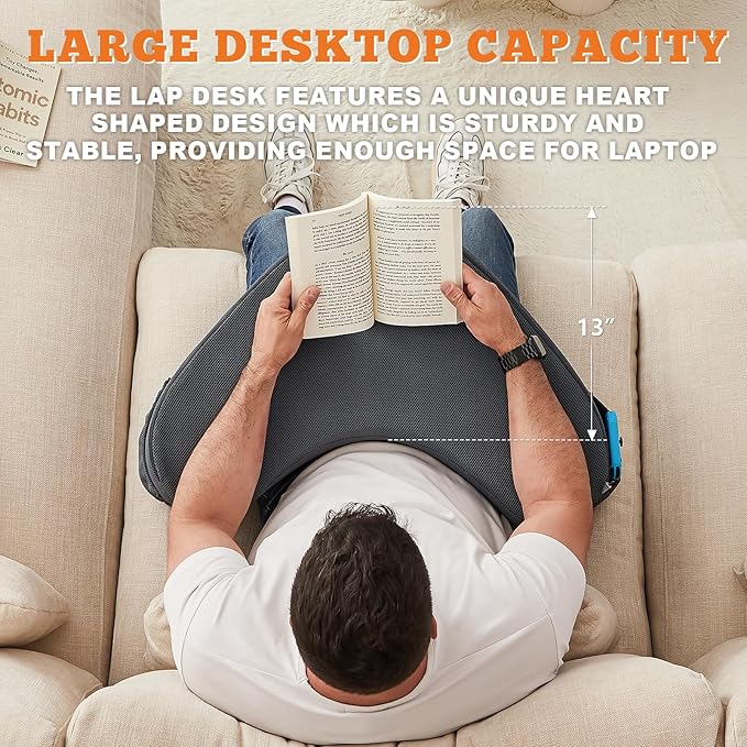 Lap Desk Pillow for Laptop, Reading Pillow for Gaming with Pockets, Soft Lap Desk for Couch, Memory Foam Laptop Pillow for Working, Crocheting or Sitting in Bed Sofa(Dark Grey)