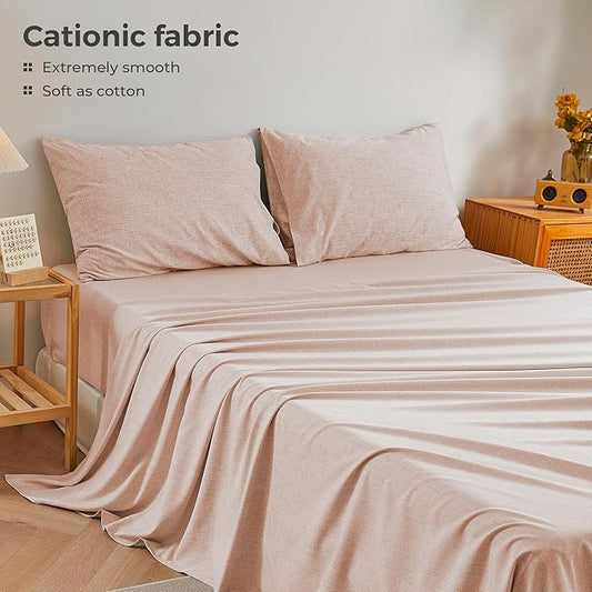 Full Sheets Light Pink, Ultral Soft Cationic Linen Look Sheets, Luxury Cooling Cozy Bed Sheet Set with Non-Slip Fitted Sheet