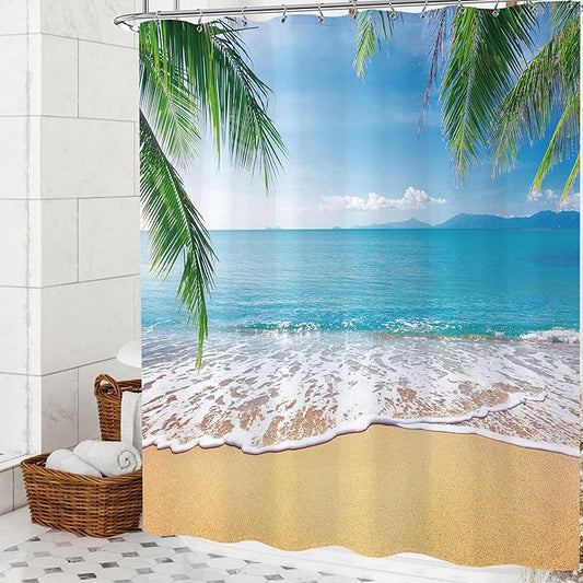 Ocean Beach Shower Curtain 72x72 Summer Seaside Bath Curtain Set Island Nature Scene Palm Tree Tropical Bathroom Decor Relax Nautical Coastal Shower Curtain