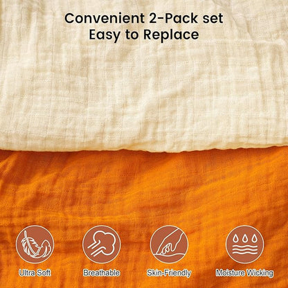 Muslin Crib Sheets for Boys Girls, 2 Pack 100% Cotton Soft Breathable Fitted Baby Sheet Set, 28x52 Inch Fits Standard Crib and Toddler Mattresses, Beige & Ginger