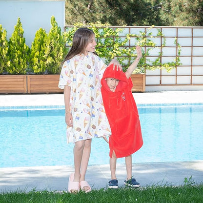 Cotton/Microfiber Kids Surf Poncho, Wetsuit Changing Towel Bath Robe with Hood and Pocket for Ages 3-7 and 8-12 (Coral Red, 8-12 Years)