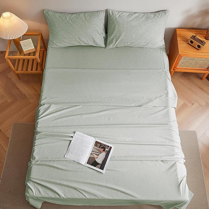 Queen Sheets Sage Green, Ultral Soft Cationic Linen Look Sheets, Luxury Cooling Cozy Bed Sheet Set with Non-Slip Fitted Sheet