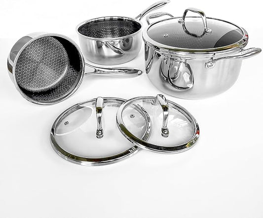 6 Piece Pot Set Hexagon Surface Hybrid Stainless Steel 1.5, 3, and 6 Quart Pots with Lids