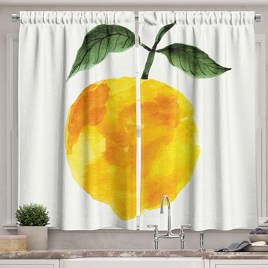 Ambesonne Yellow and Orange Kitchen Curtains, Hand Drawn Lemon Watercolors Summer Organic Food Natural Product, Window Drapes 2 Panel Set for Kitchen Cafe Decor, 55" x 39", Yellow Orange