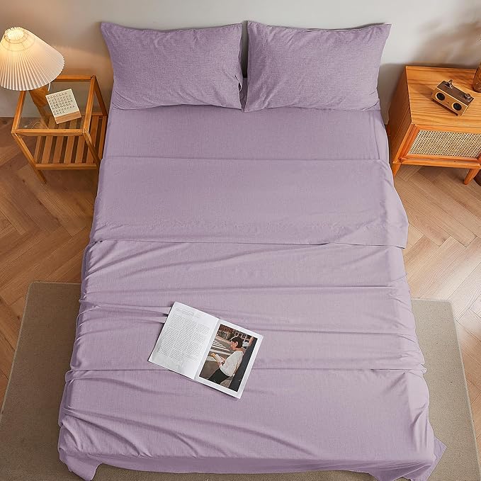Twin Sheets Purple, Ultral Soft Cationic Linen Look Sheets, Luxury Cooling Cozy Bed Sheet Set with Non-Slip Fitted Sheet