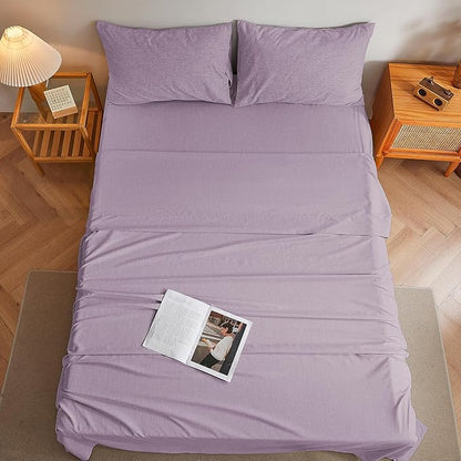 Queen Sheets Purple, Ultral Soft Cationic Linen Look Sheets, Luxury Cooling Cozy Bed Sheet Set with Non-Slip Fitted Sheet