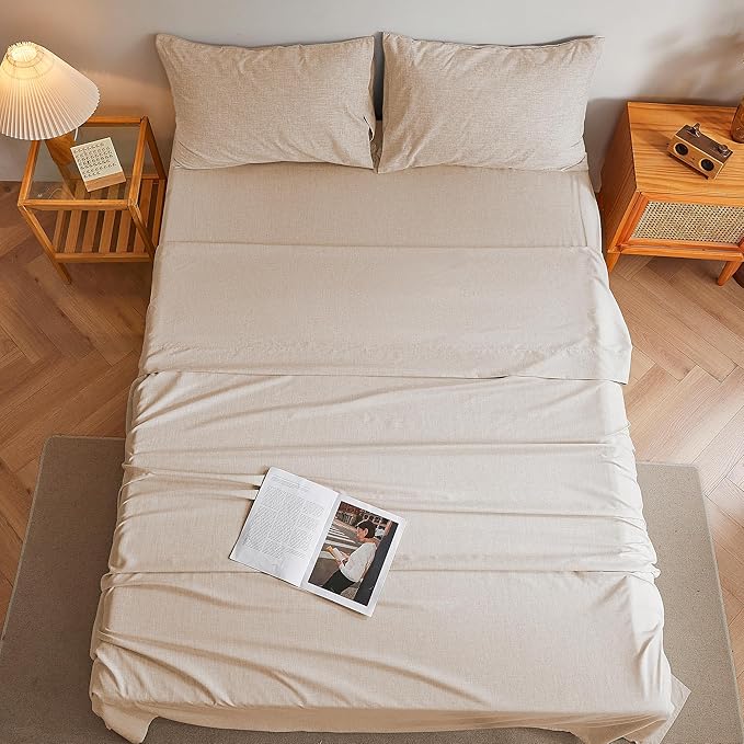 Queen Sheets Brown, Ultral Soft Cationic Linen Look Sheets, Luxury Cooling Cozy Bed Sheet Set with Non-Slip Fitted Sheet