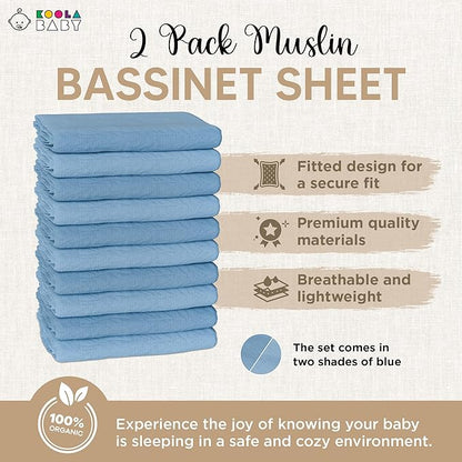 Bassinet Fitted Sheets - Compatible with Ingenuity Foldaway Rocking & Lullanight Soothing | 100% Organic Muslin Cotton - Light Blue + Dark Blue | 32x19 (2 Pack)