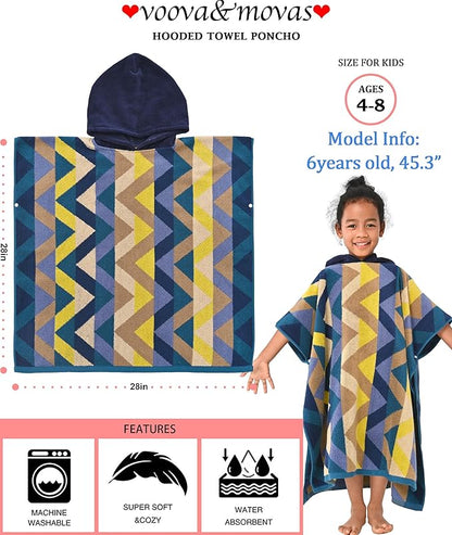 VOOVA & MOVAS Hooded Bath Towel for Kids (4-8Years) - Thick 500GSM,Soft, Absorbent, 100% Cotton Swim Towel, Perfect for Bathroom | Pool | Swim, Jacquard,Blue