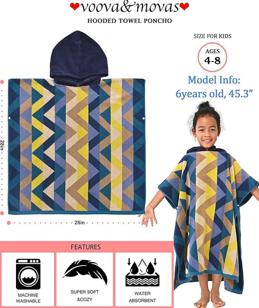 VOOVA & MOVAS Hooded Bath Towel for Kids (4-8Years) - Thick 500GSM,Soft, Absorbent, 100% Cotton Swim Towel, Perfect for Bathroom | Pool | Swim, Jacquard,Blue