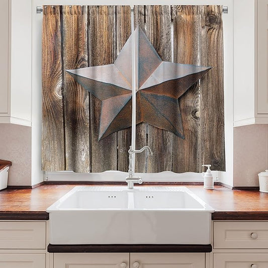 Ambesonne Prehistoric Country Kitchen Curtains, Antique Rusty Star on The Weathered Wooden Planks Vintage Retro Image, Window Drapes 2 Panel Set for Kitchen Cafe Decor, 55" x 39", Brown Taupe
