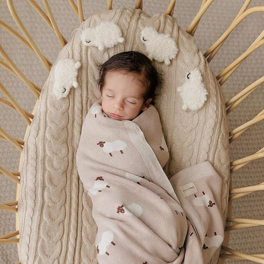 Baby Swaddle Blanket - 100% Luxury Cotton Knit Soft Cozy Lightweight Unisex Receiving Crib Stroller Quilt Blanket for Shower Gift Registry for Newborns Infants Toddlers (Sheep - Khaki)
