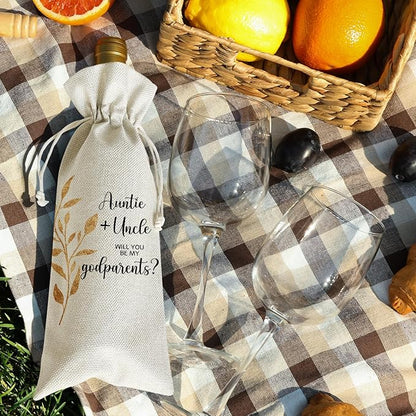 Wine Canvas Bag, Godparent Gift Wine Gift Bag, Godparents Proposal Gifts for Brother Sister Auntie Uncle Wine Bags for Wine Bottles, Wine Champagne Gifts With Drawstring Baptism Party Decoration -WB07