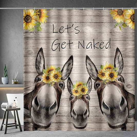 Aimego Long Farmhouse Shower Curtain - Country Get Naked Donkey Sunflower Rustic Wooden Fabric Cloth Bath Shower Curtain Set with 12 Hooks Bathroom Decor Accessories Bathtub Curtain, 72"x78"