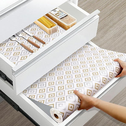 Shelf Liners for Kitchen Cabinets 10in X 10FT, Non Adhesive Cabinet Liner Strong Non-Slip Thickened Gold Geometric Drawer Liner, Washable liner Easy to Clean for Shelf