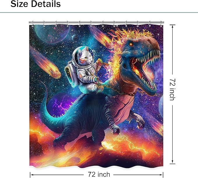 Funny Cat Riding Dinosaur Shower Curtain 72Wx72L Inch Kids Boys Dino Astronaut Animal Galaxy Outer Space Universe Star Bathroom Set for Teen Bath Curtain Bathtub Accessories Home Decor