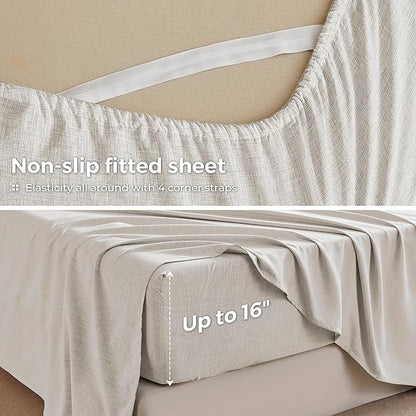 Twin Sheets Khaki, Ultral Soft Cationic Linen Look Sheets, Luxury Cooling Cozy Bed Sheet Set with Non-Slip Fitted Sheet