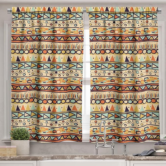 Ambesonne Prehistoric Valance & Tier Curtain 3 pcs Set, Mexican Style Doodles with Triangles Circles Folkloric Geometric Tribal, Window Treatments for Kitchen Room Decor, 55" x 24", Pastel Yellow
