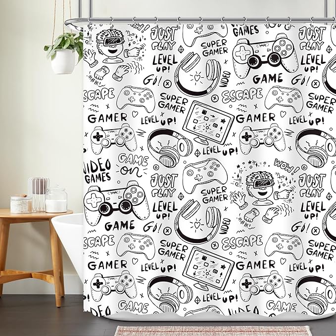 Kids Gaming Shower Curtain for Boys 60Wx72L Inch Gamer Black White Video Game Cool Teens Funny Monochrome Sketch Graffiti Gamer Gamepad Bathroom Set Bath Curtain Bathtub Accessories Home Decor