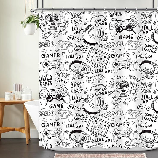 Kids Gaming Shower Curtain for Boys 60Wx72L Inch Gamer Black White Video Game Cool Teens Funny Monochrome Sketch Graffiti Gamer Gamepad Bathroom Set Bath Curtain Bathtub Accessories Home Decor