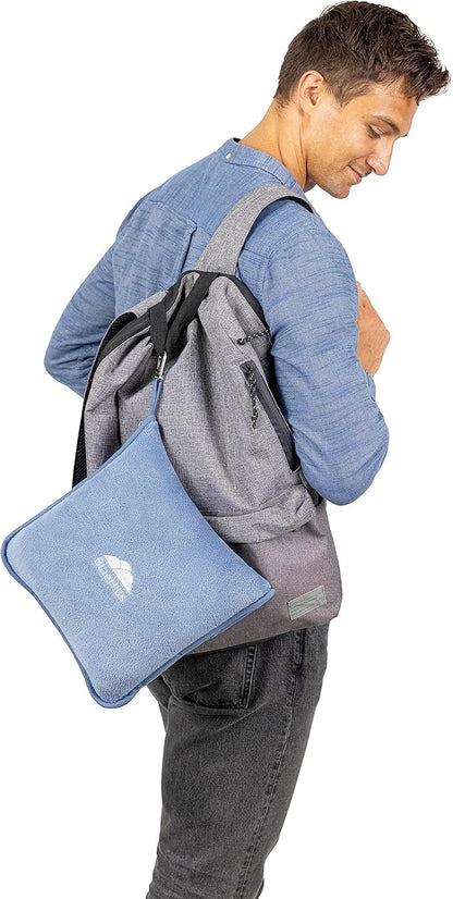 BlueHills Premium Soft Long Travel Blanket Pillow for Tall Airplane Flight Essentials Large Compact 2 in 1 Airline Blanket Throw Packable Warm Plane Traveling Accessories Grayish Blue T056