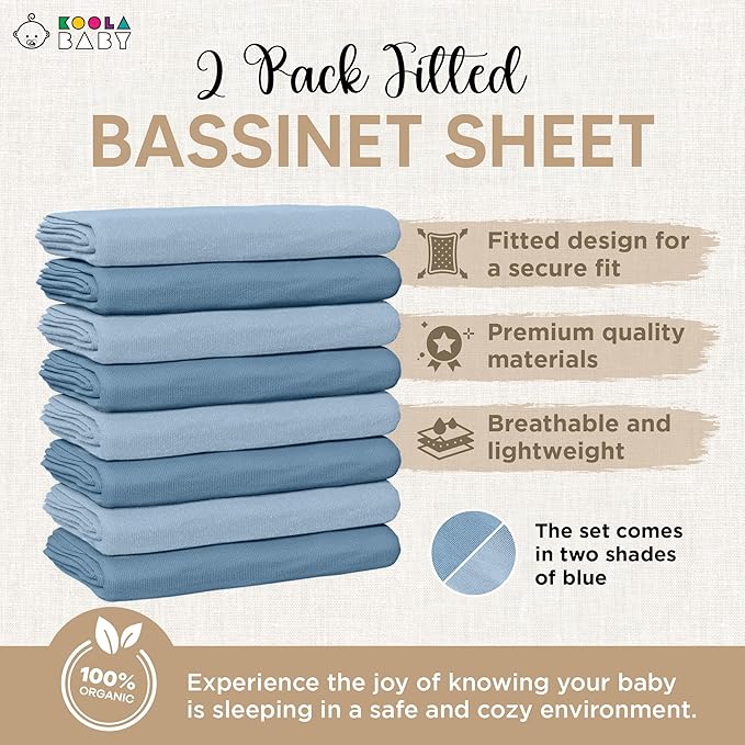 Bassinet Fitted Sheets - Compatible with Delta Children and Simmons Kids Bassinet | 100% Organic Jersey Cotton - Light Blue + Dark Blue | 30x16 (2 Pack)