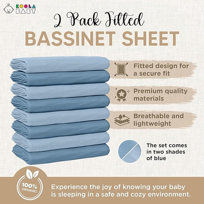 Bassinet Fitted Sheets - Compatible with Delta Children and Simmons Kids Bassinet | 100% Organic Jersey Cotton - Light Blue + Dark Blue | 30x16 (2 Pack)