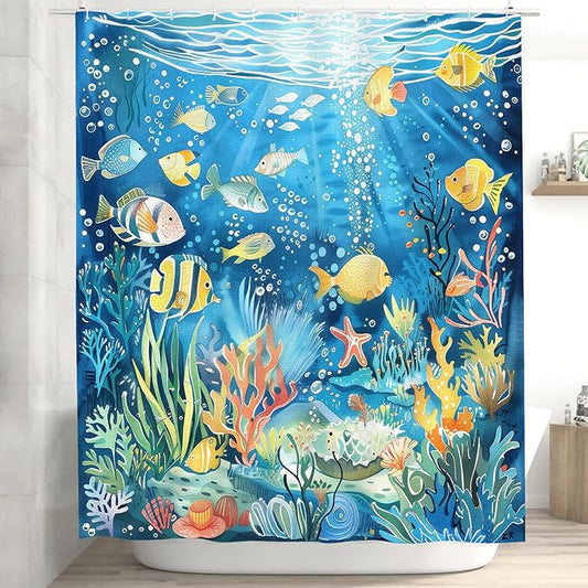 Fish Shower Curtain for Bathroom Tropical Fishes Shower Curtains Home Bathroom Bathtubs Ocean Underwater World Fish Decor Polyester Shower Curtain Waterproof Washable Durable 12 Hooks 72"x72"