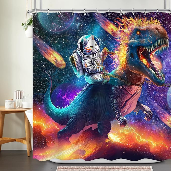 Funny Cat Riding Dinosaur Shower Curtain 72Wx72L Inch Kids Boys Dino Astronaut Animal Galaxy Outer Space Universe Star Bathroom Set for Teen Bath Curtain Bathtub Accessories Home Decor