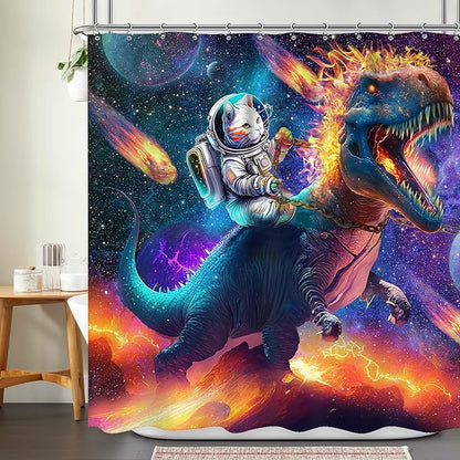 Funny Cat Riding Dinosaur Shower Curtain 72Wx72L Inch Kids Boys Dino Astronaut Animal Galaxy Outer Space Universe Star Bathroom Set for Teen Bath Curtain Bathtub Accessories Home Decor