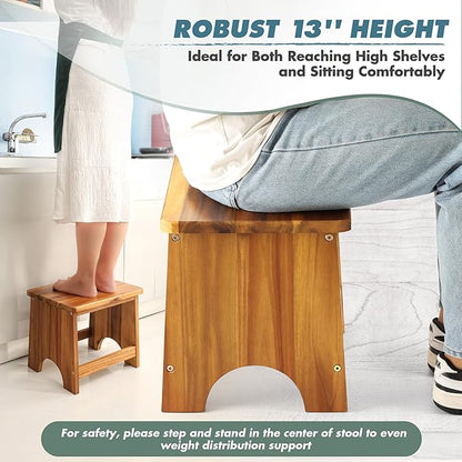 Wooden Step Stool, 13'' Heavy Duty Step Stool for Adults with Convenient Handle, Wooden Stepping Stool Hold up to 500 lbs, Heavy Duty/Nonslip/Durable Construction Safe Step Stool for Bedroom/Kitchen