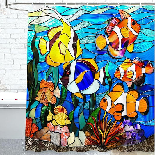 Fish Shower Curtain for Bathroom Fish Shower Curtains Home Bathroom Bathtubs Stained Glass Fish Decor Polyester Shower Curtain Waterproof Washable Durable 12 Hooks 72"x72"