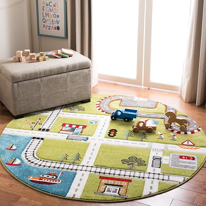 SAFAVIEH Carousel Kids Collection 4' Round Green / Ivory CRK192Y Neighborhood Nursery Playroom Area Rug