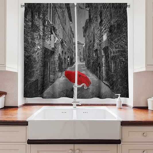 Ambesonne Black and White Kitchen Curtains, Red Umbrella on a Dark Narrow Street in Tuscany Italy Rainy Winter, Window Drapes 2 Panel Set for Kitchen Cafe Decor, 55" x 39", Light Brown