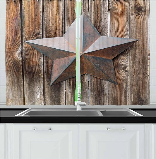 Ambesonne Prehistoric Country Kitchen Curtains, Antique Rusty Star on The Weathered Wooden Planks Vintage Retro Image, Window Drapes 2 Panel Set for Kitchen Cafe Decor, 55" x 30", Brown Taupe