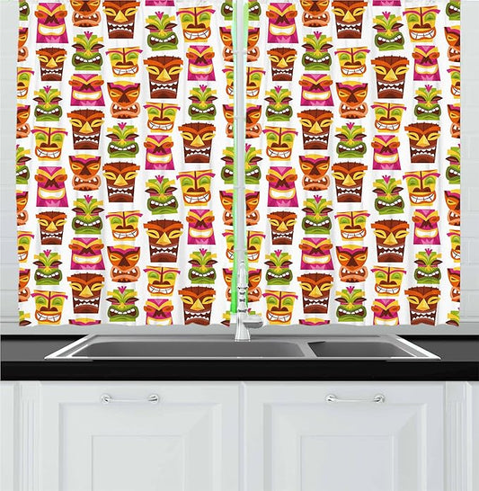 Ambesonne Tiki Bar Kitchen Curtains, Sixties Retro Inspired Hawaiian Party Happy Tiki Pattern Colorful, Window Drapes 2 Panel Set for Kitchen Cafe Decor, 55" x 30", White Brown
