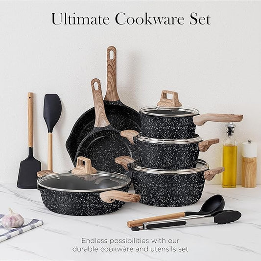 Country Kitchen Pots and Pans Set Nonstick, Cast Aluminum Kitchen Cookware Set with Utensils, 14 Pcs Non Stick Cooking Set w/Frying Pans & Saucepans