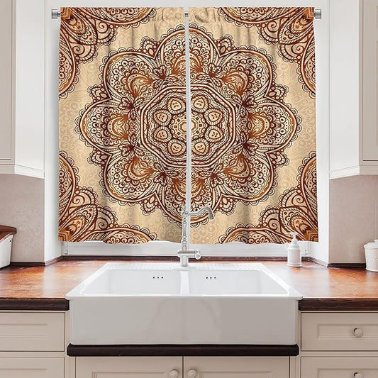 Ambesonne Ethnic Kitchen Curtains, Mehndi Style Floral Flower with Abstract Paisley Backdrop Art Print, Window Drapes 2 Panel Set for Kitchen Cafe Decor, 55" x 39", Dark Brown