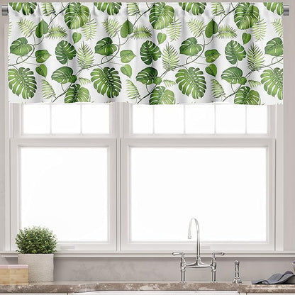Ambesonne Leaf Valance & Tier Curtain 3 pcs Set, Brazilian Rainforest Foliage Nature Ivy Swirls Palm Banana Trees Leaves Art Print, Window Treatments for Kitchen Room Decor, 55" x 36", Fern Green