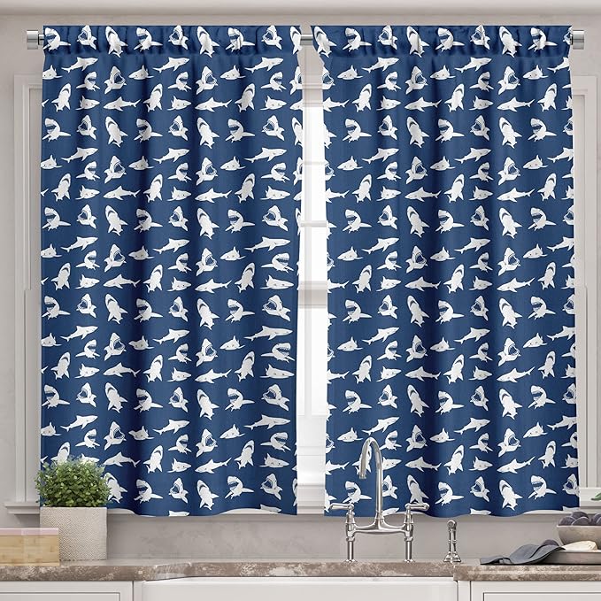 Ambesonne Shark Valance & Tier Curtain 3 pcs Set, Fish Pattern Various Gestures Have a Bite Danger Humor Nautical Design, Window Treatments for Kitchen Room Decor, 55" x 36", Blue Violet
