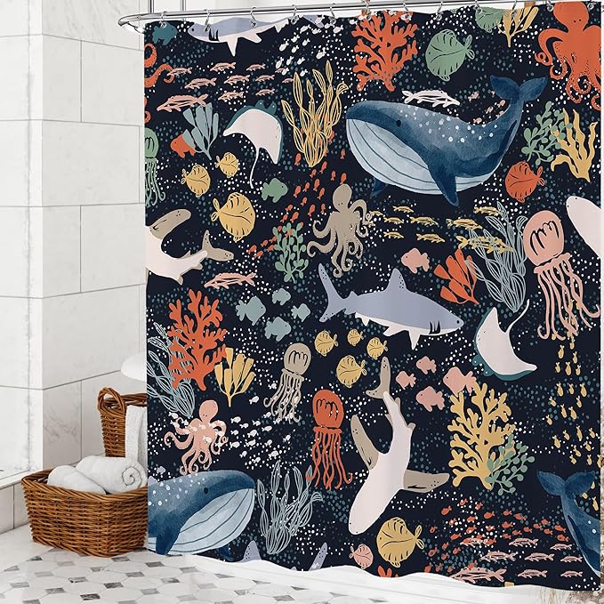 Kids Shower Curtain, Cartoon Fish Shark Whale Ocean Theme Sea Animal Shower Curtain for Bathroom 72x72 Cute Underwater Marine Bathtub Curtain Girls Boys Bathroom Decor