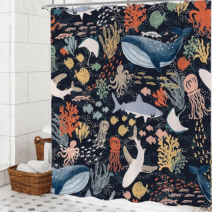 Kids Shower Curtain, Cartoon Fish Shark Whale Ocean Theme Sea Animal Shower Curtain for Bathroom 72x72 Cute Underwater Marine Bathtub Curtain Girls Boys Bathroom Decor