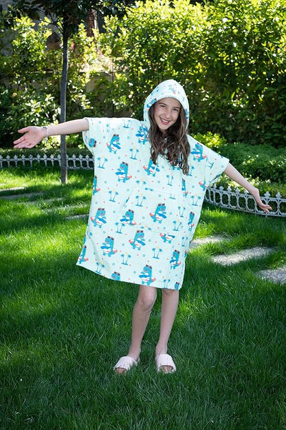 Cotton/Microfiber Kids Surf Poncho, Wetsuit Changing Towel Bath Robe with Hood and Pocket for Ages 3-7 and 8-12 (Surfer Dinos, 8-12 Years)