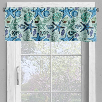 Ambesonne Starfish Valance & Tier Curtain 3 pcs Set, Aquarium Inspired Composition Tropical Seashells and Scallops Cockles and Clams, Window Treatments for Kitchen Room Decor, 55" x 45", Blue Seafoam