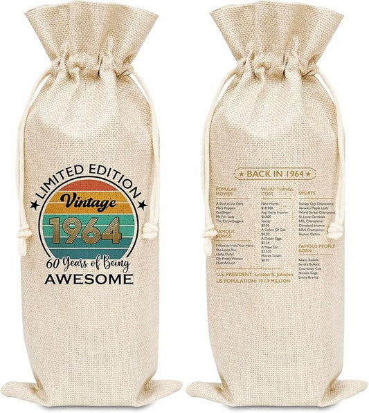 Disfuco 60th Birthday Wine Gift Bag, 1964 Birthday Gift Wine Bag, Burlap Wine Bottle Cover Bag For Women Men, Friends, Daughter, Son, Newphew, Niece, 1 Pc (B05)