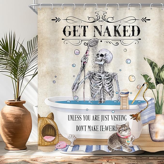 Funny Skull Skeleton Shower Curtain 60Wx72L Inch Gothic Spooky Cute Cat Cool Unique Bone in Bathtub Retro Horror Scary Bathroom Set Halloween Plant Bath Curtain Bathtub Accessories Home Decor