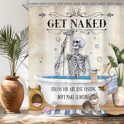 Funny Skull Skeleton Shower Curtain 60Wx72L Inch Gothic Spooky Cute Cat Cool Unique Bone in Bathtub Retro Horror Scary Bathroom Set Halloween Plant Bath Curtain Bathtub Accessories Home Decor