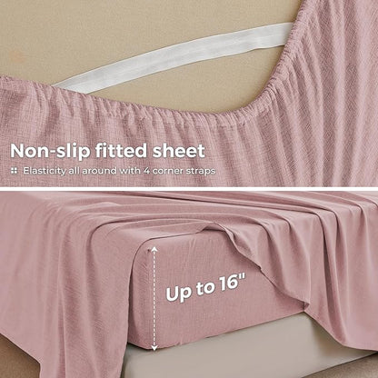 Twin Sheets Wine Red, Ultral Soft Cationic Linen Look Sheets, Luxury Cooling Cozy Bed Sheet Set with Non-Slip Fitted Sheet
