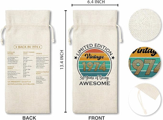 Disfuco 50th Birthday Wine Gift Bag, 1974 Birthday Gift Wine Bag, Burlap Wine Bottle Cover Bag For Women Men, Friends, Daughter, Son, Newphew, Niece, 1 Pc (B04)